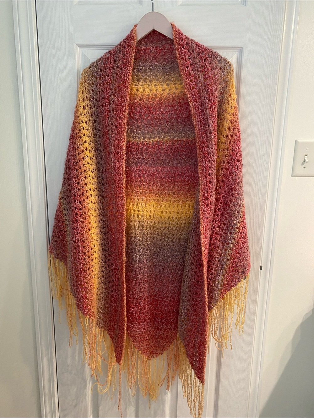 Handmade gradient pink, lilac, yellow knitted open poncho wrap. One size
